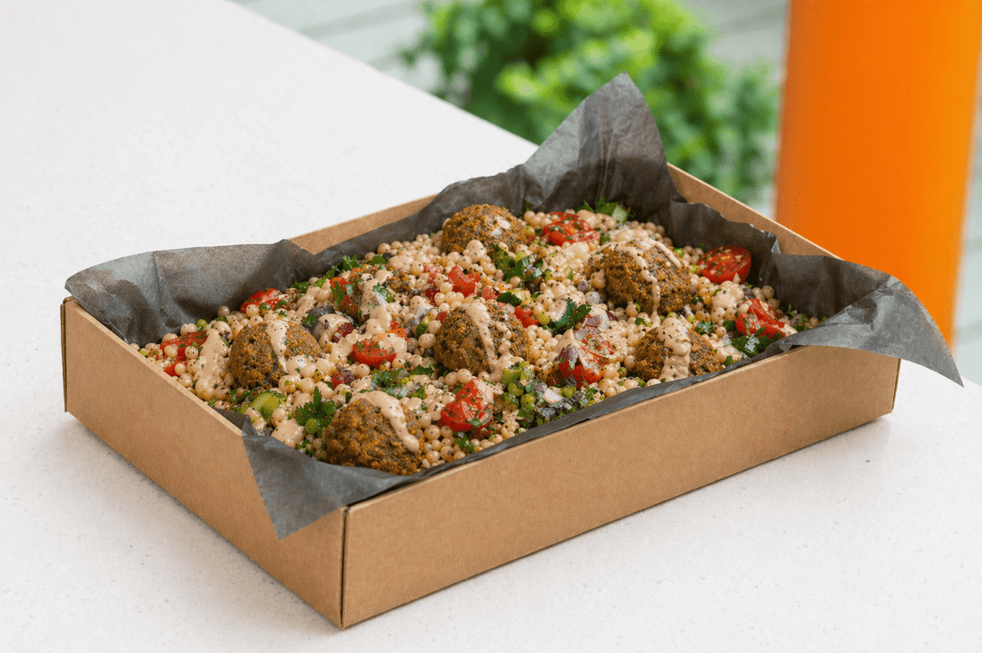 LVK Vegan giant couscous and falafel salad with sweet tahini dressing (serves 6-8)