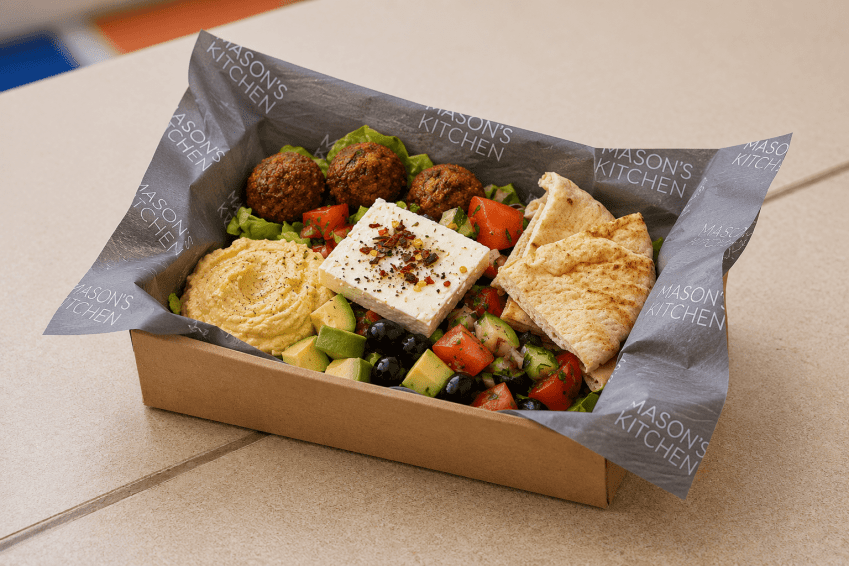 Hummus, Falafel and Avocado Greek Salad with Feta and Pita Bread