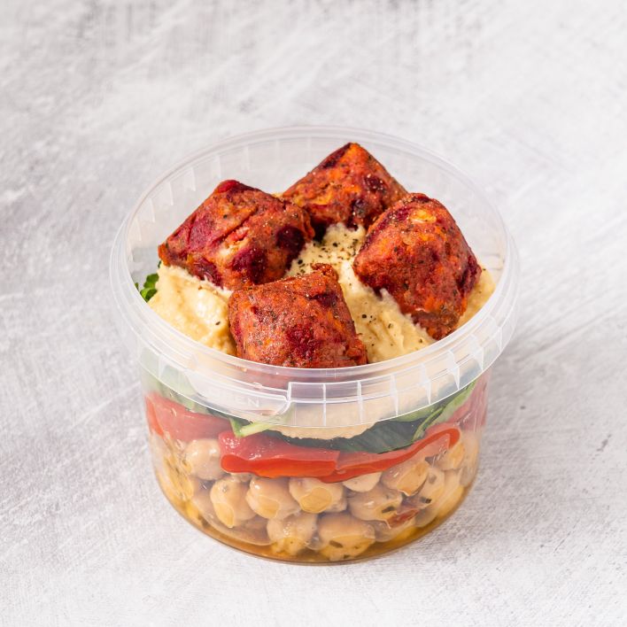 Beetroot Falafel and Chickpea Salad Pot with Houmous