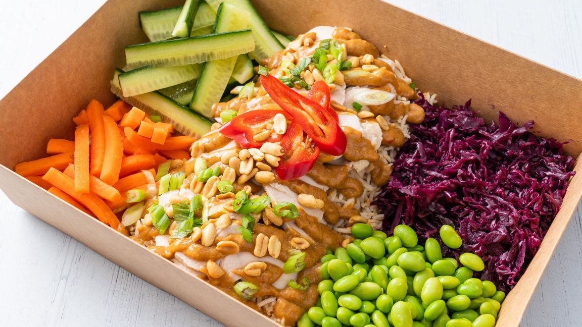 Satay Chicken, Coconut Rice Salad with Sriracha Dressing
