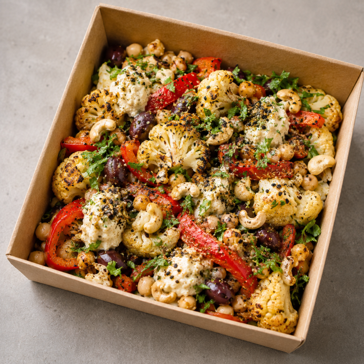 Roast Cauliflower, Capsicum, Native furikake & Olive Salad