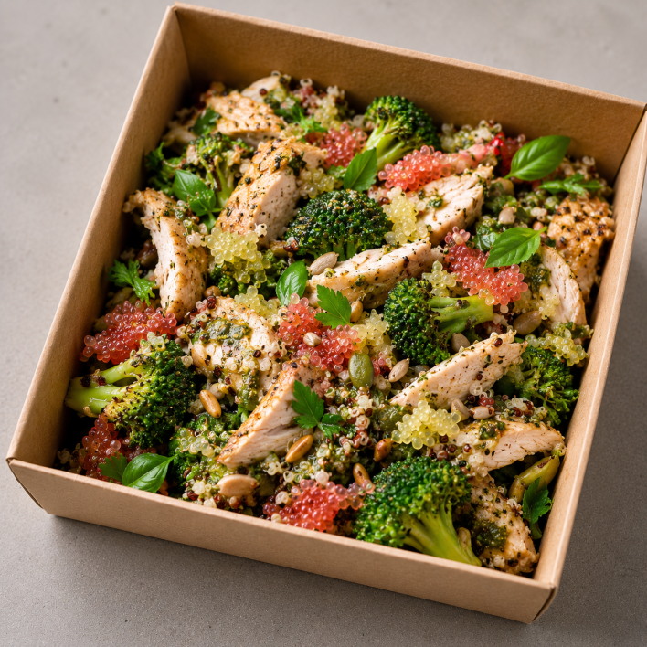 Chicken, Quinoa, Broccoli, fingerlime & Pesto Salad