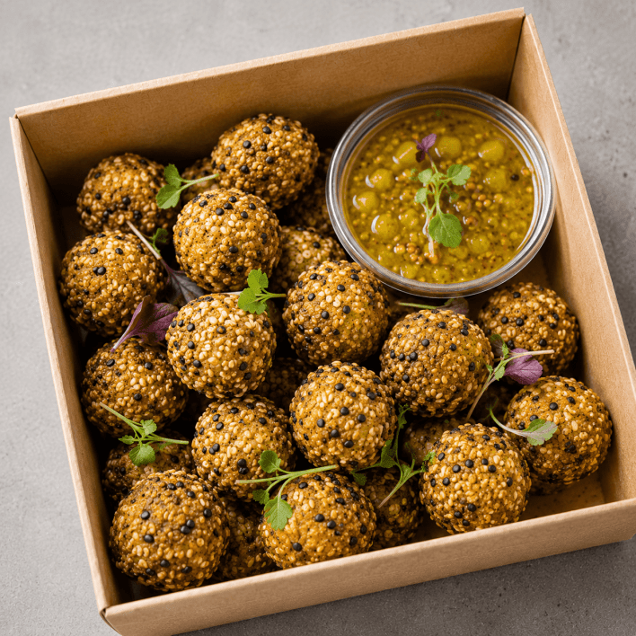 Golden Curry Tofu Bites with Pigface mustard pickle