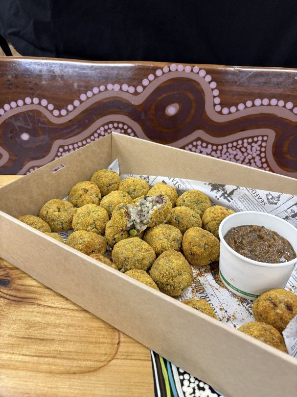 Bacon, Lemon myrtle  & Pea Arancini with Pigface Mustard Pickle