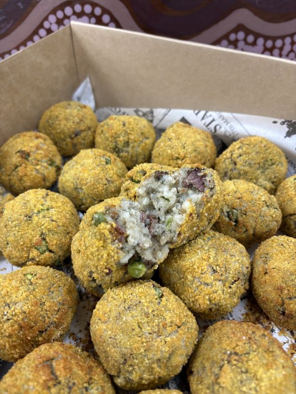 Bacon, Lemon myrtle  & Pea Arancini with Pigface Mustard Pickle