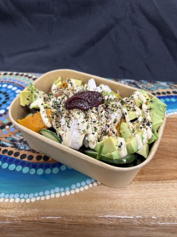 Tender chicken poke bowl with fluffy quinoa, roasted vegetables, teriyaki mushrooms and avocado. Finished with Davidson Plum paste, wattleseed mayo and a sprinkle of our homemade furikake.