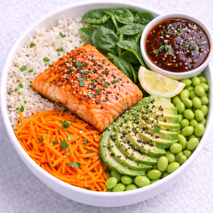 Salmon Avocado Teriyaki Bowl