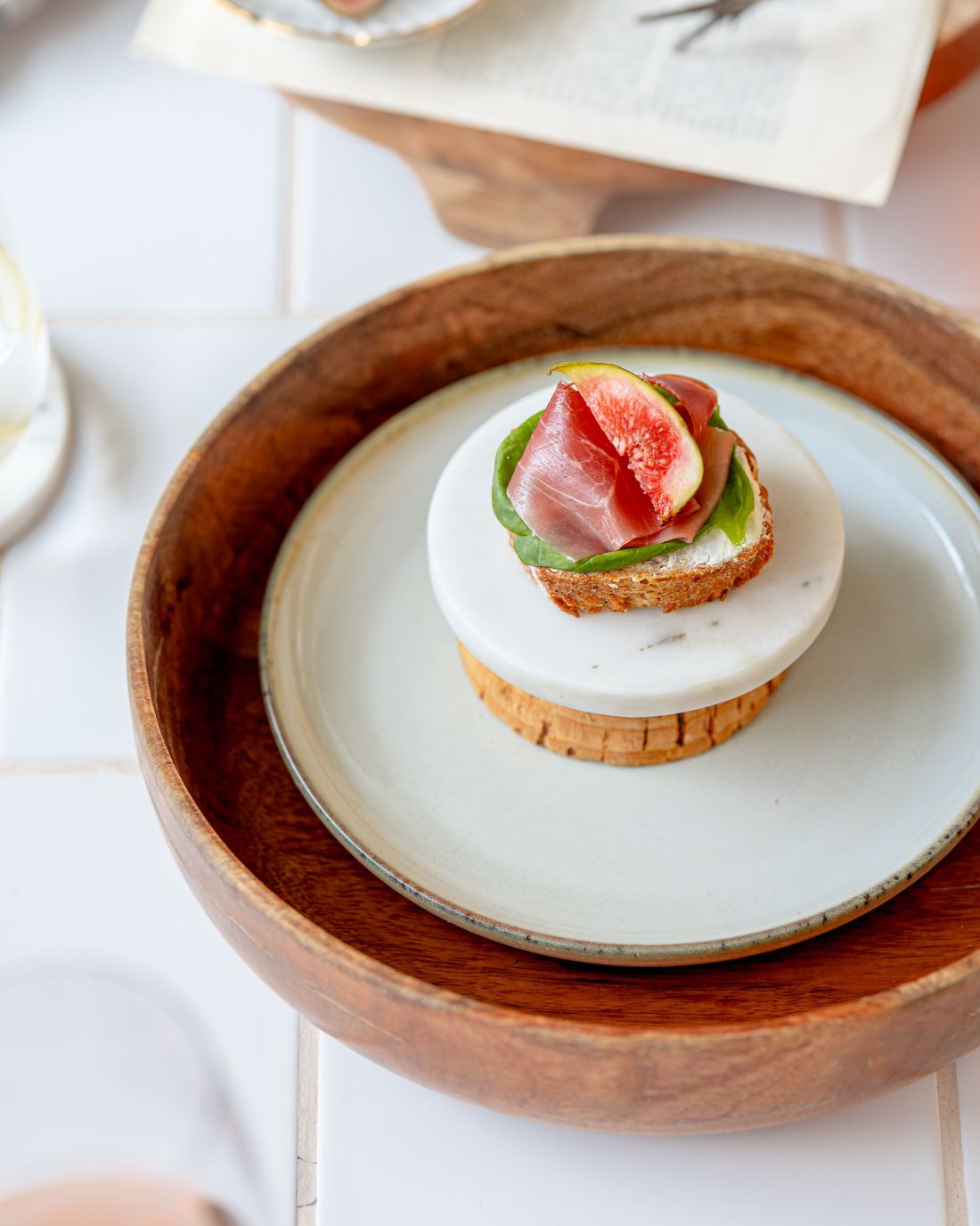 Crostini with Prosciutto, Dijon-Cream, Fresh Fruit and Garden Herbs