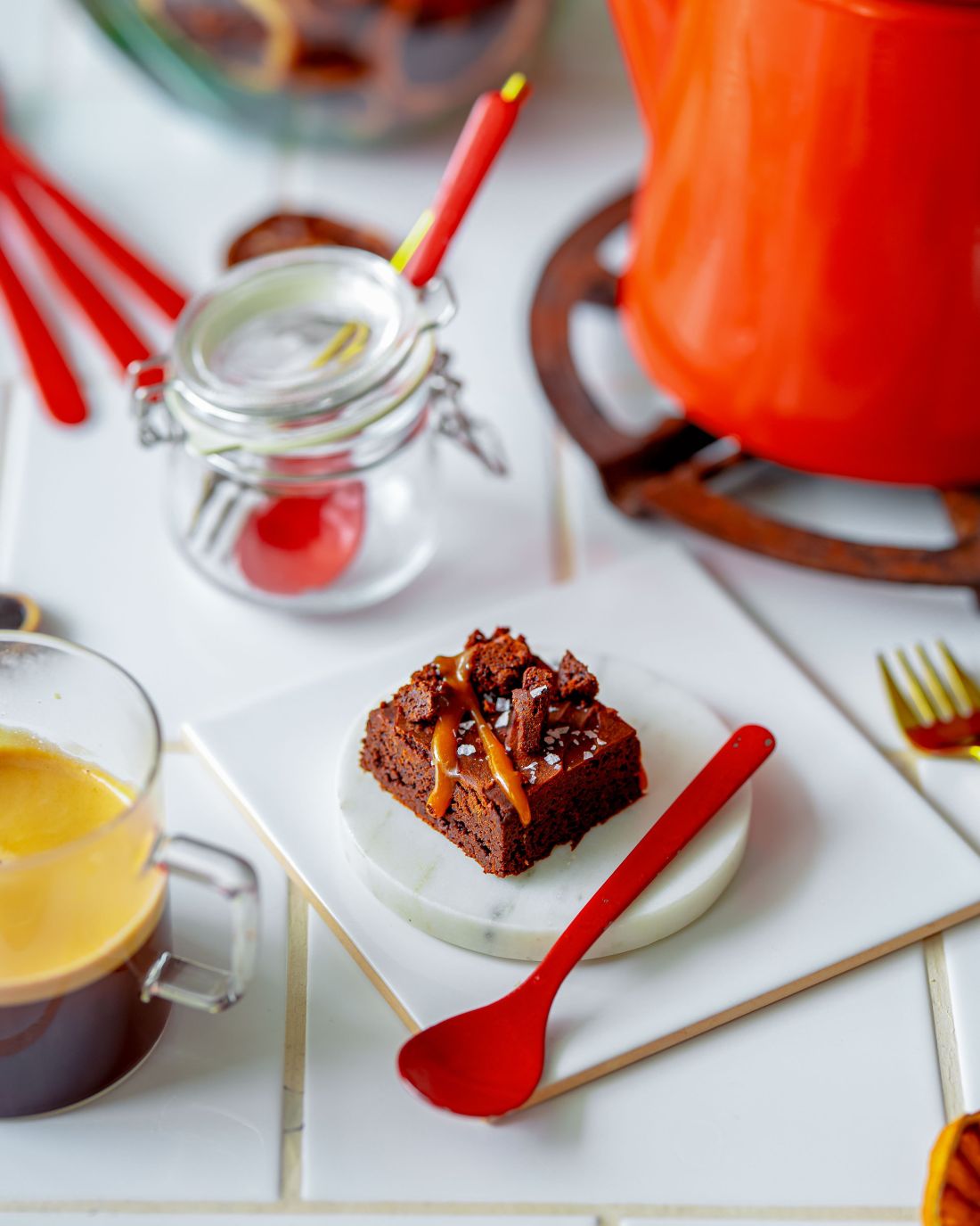 House-made chocolate brownie bites with caramel sauce and fling salt