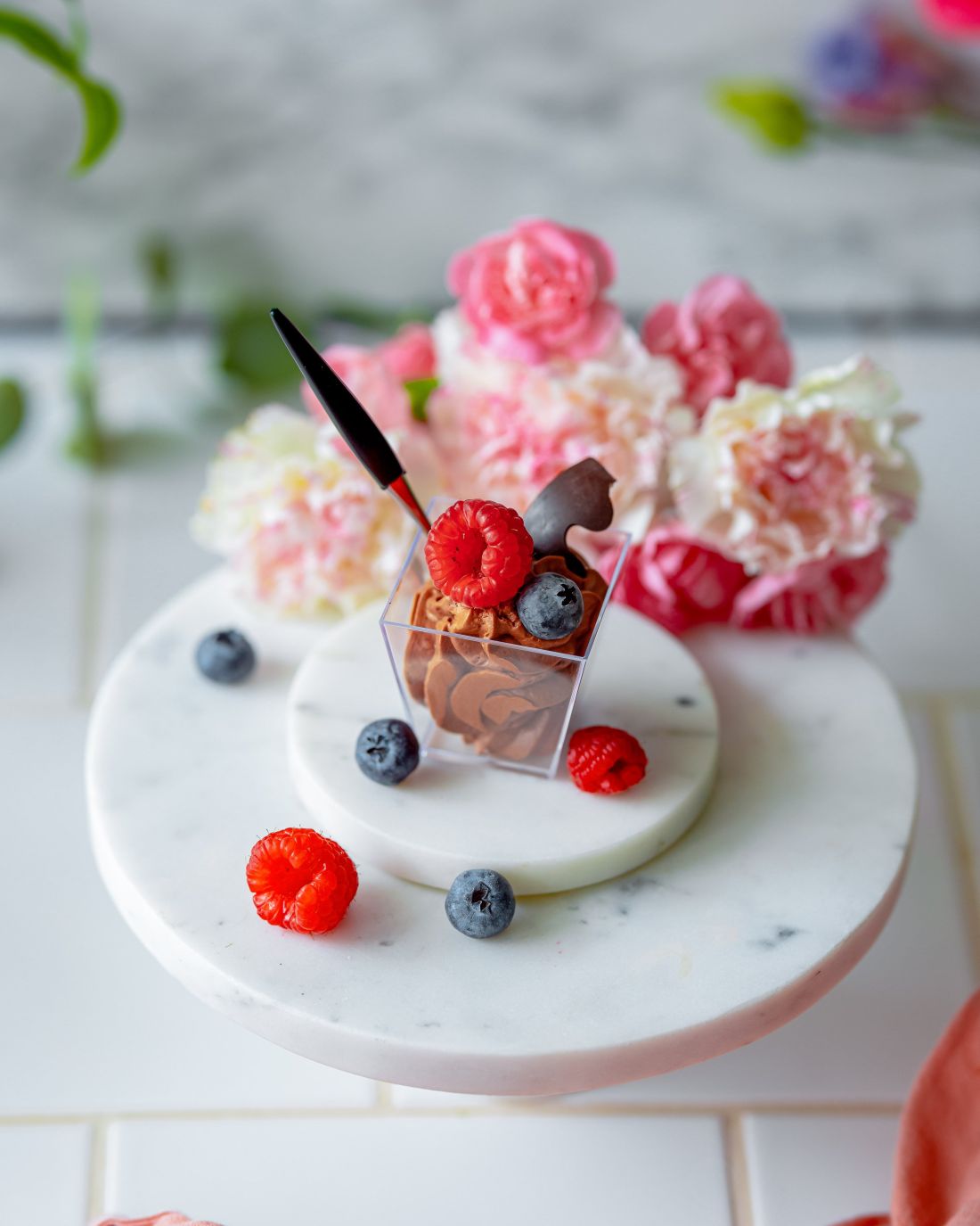 Belgian chocolate mousse cups, fresh berries & edible flowers