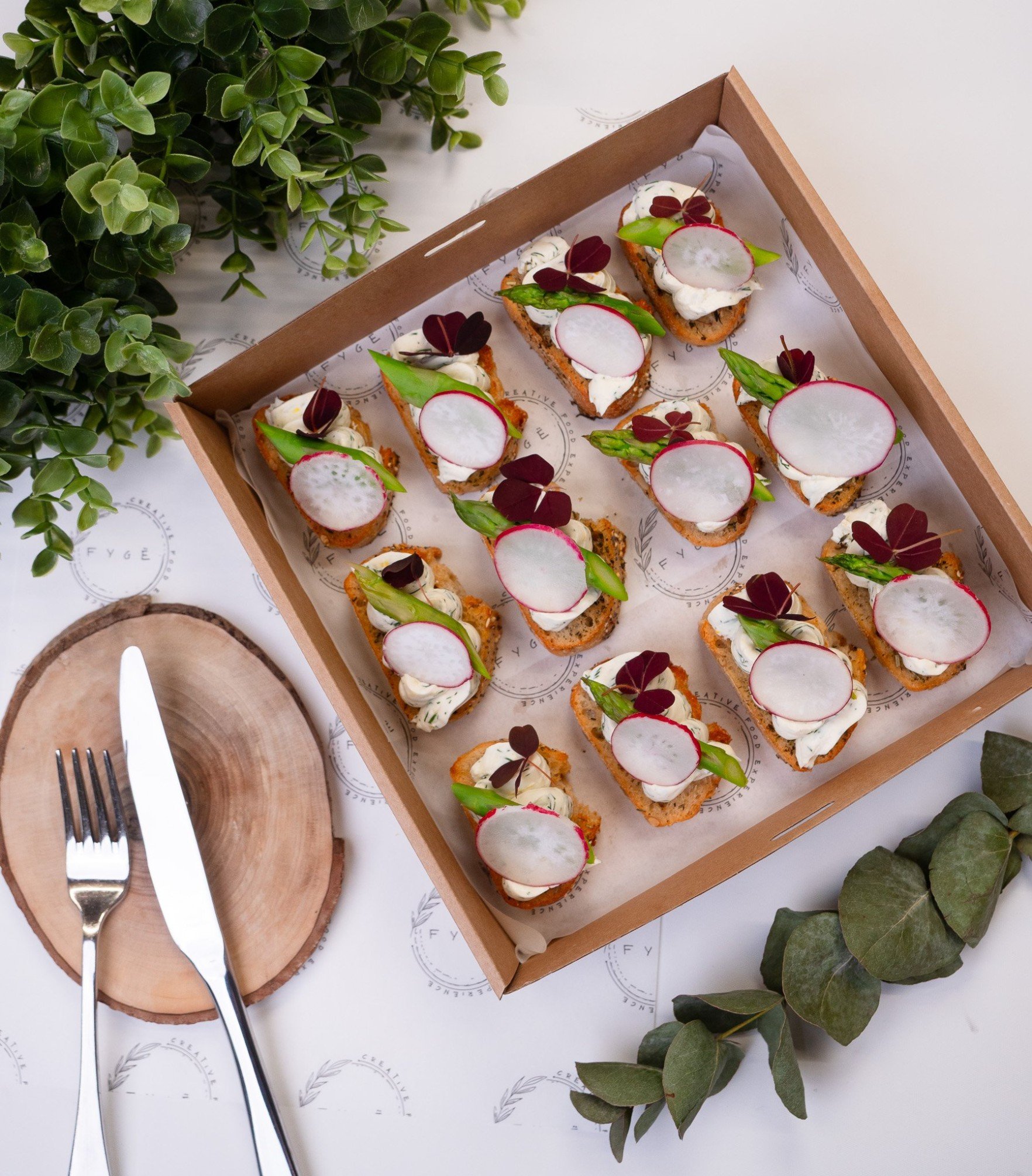 Ricotta–Chervil Mousse on Rustic Crostini, Spring Asparagus, Radish and Garden Sprouts 