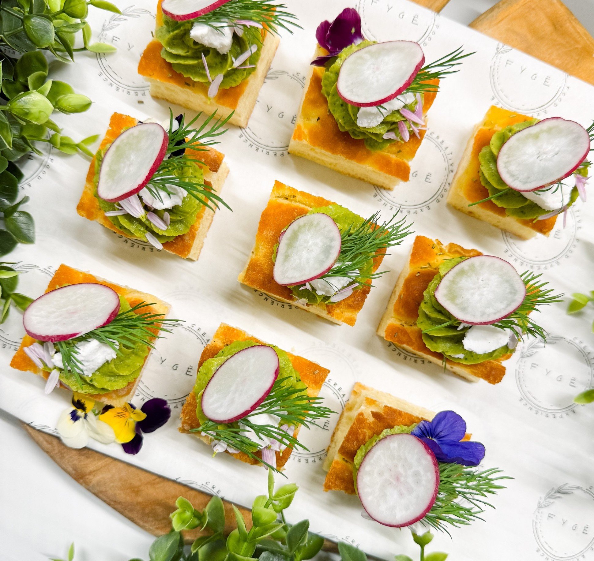  Gluten Free Focaccia Bite with Avocado Cream, Coconut Feta, Radish and Herbs 