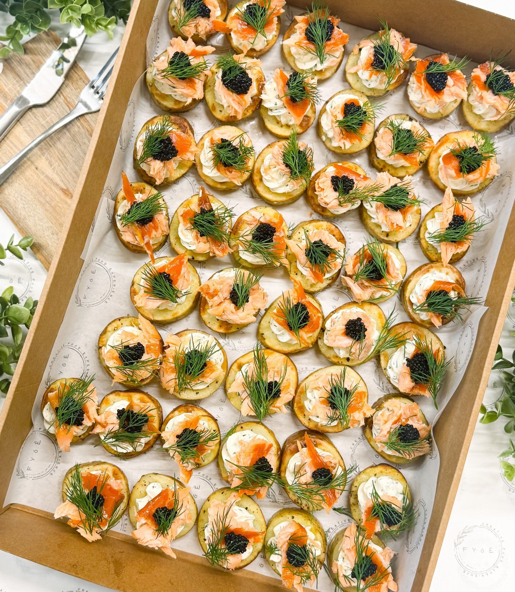 Roasted Potato Slice with Warm Smoked Salmon, Herb–Lemon Cream and Dill