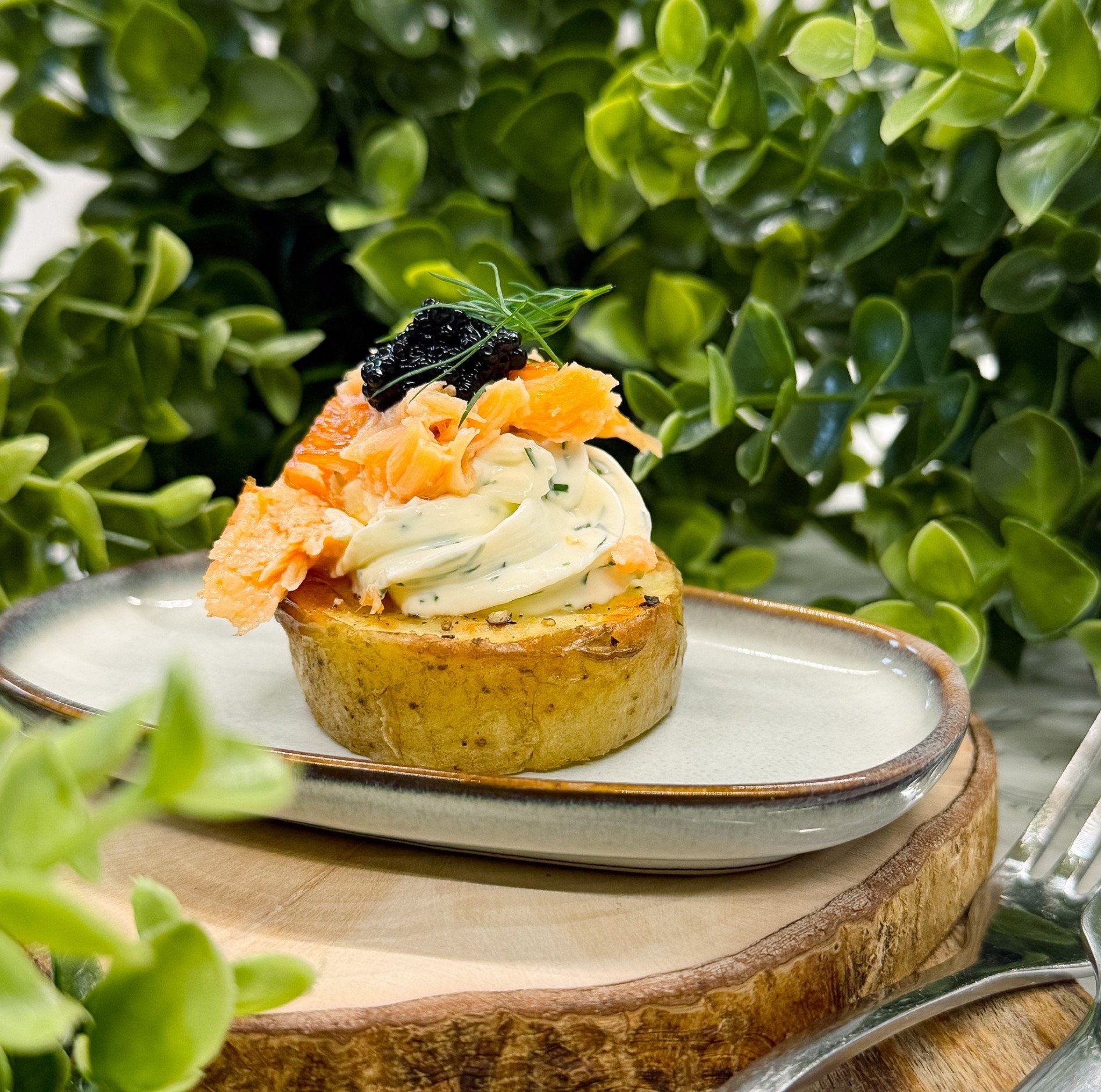 Roasted Potato Slice with Warm Smoked Salmon, Herb–Lemon Cream and Dill