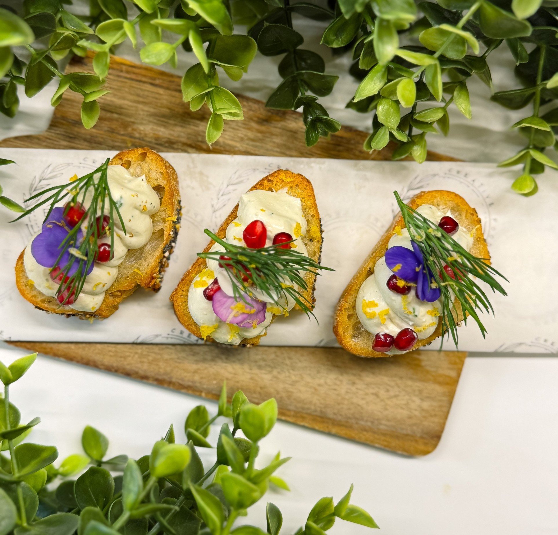 Whipped Artichoke on Rustic Crostini, Pomegranate and Citrus Thyme