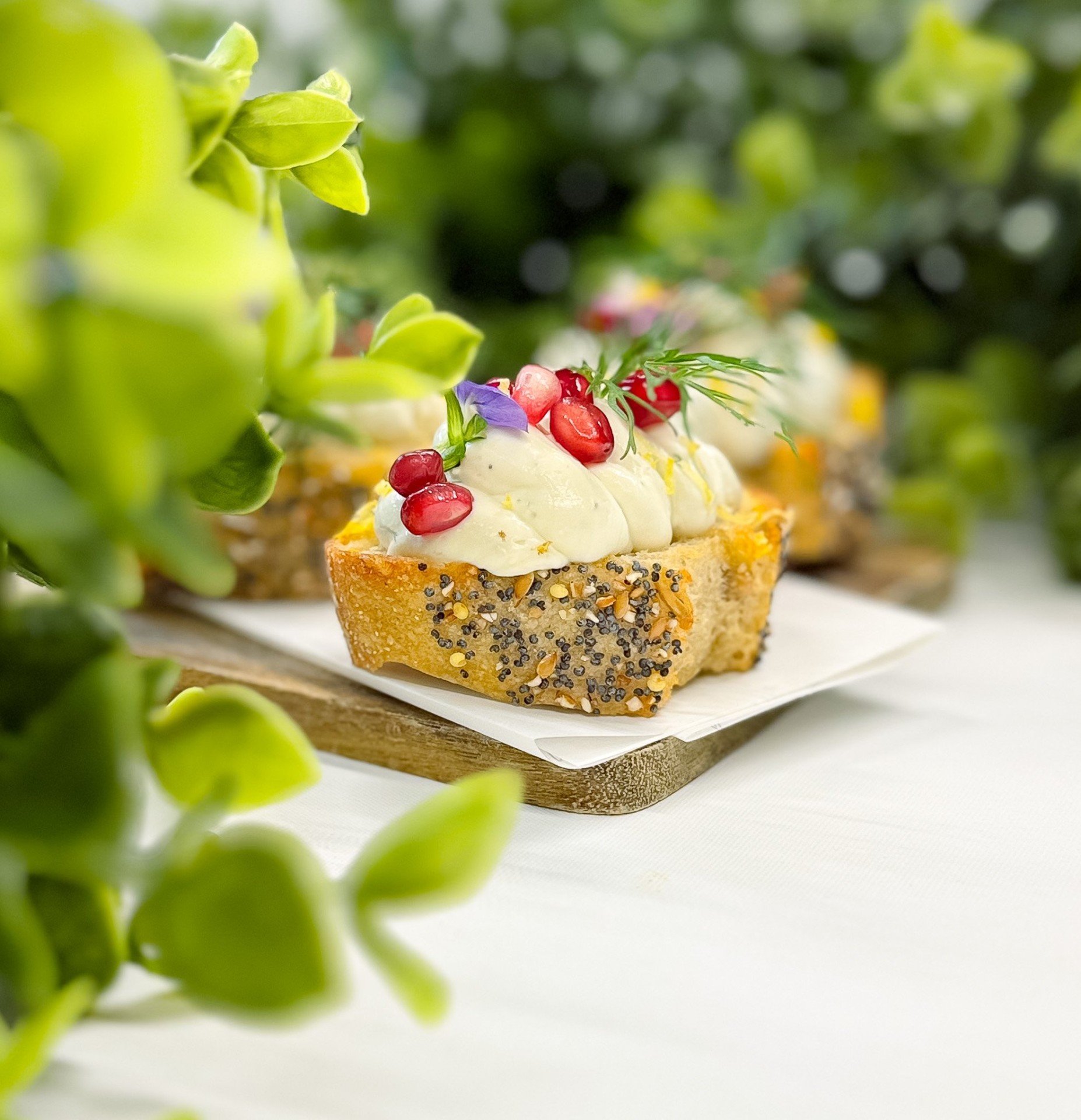 Whipped Artichoke on Rustic Crostini, Pomegranate and Citrus Thyme