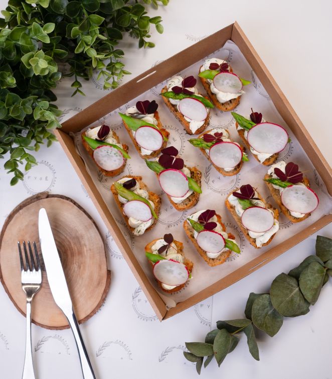 Ricotta&ndash;Chervil Mousse on Rustic Crostini, Spring Asparagus, Radish and Garden Sprouts 