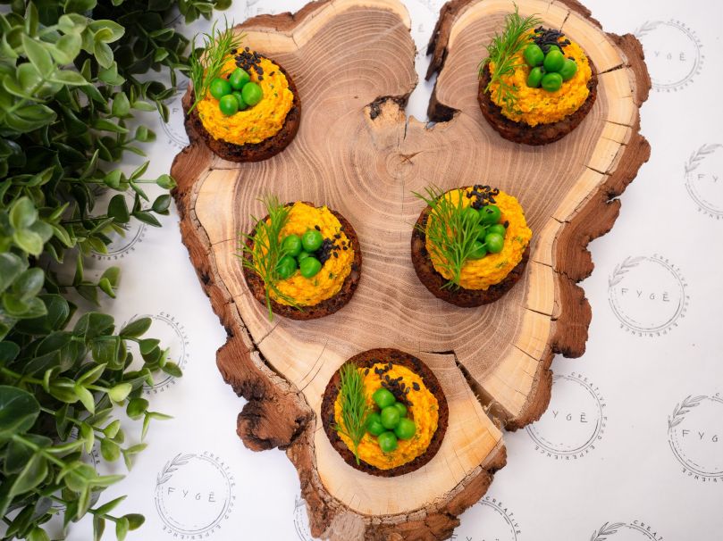 Young Carrot Mousse on Archipelago Bread, Sweet Peas and Fresh Herbs