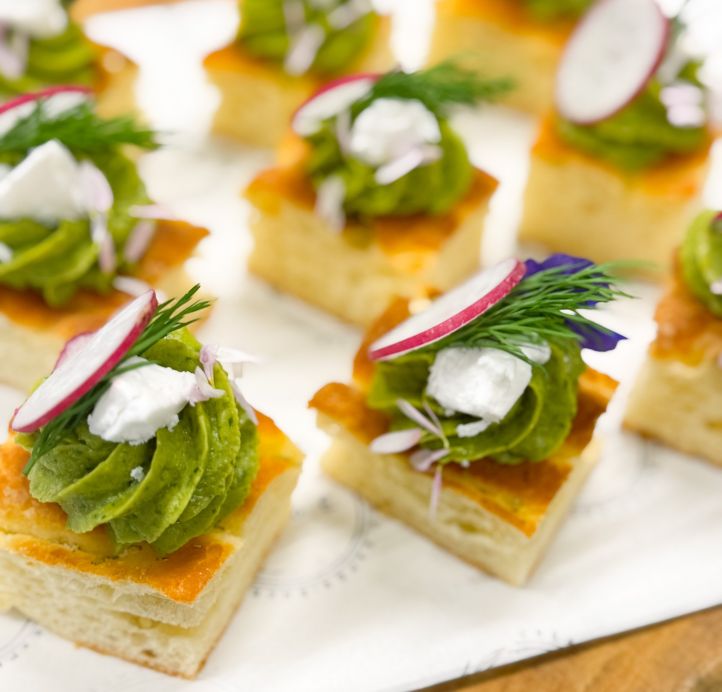  Gluten Free Focaccia Bite with Avocado Cream, Coconut Feta, Radish and Herbs 