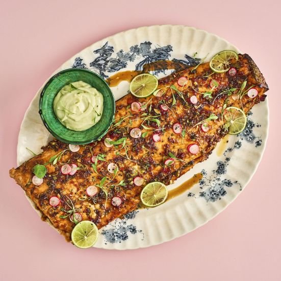 Miso glazed trout with toasted sesame, gochujang aioli & lime 