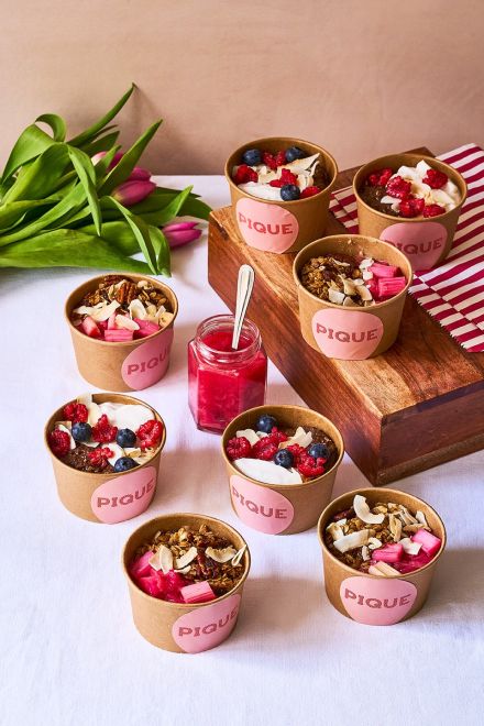 Apple & pecan bircher muesli with almond butter & seasonal compote