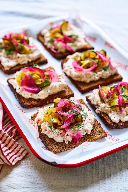 Smoked salmon paté on rye with pickles & herbs