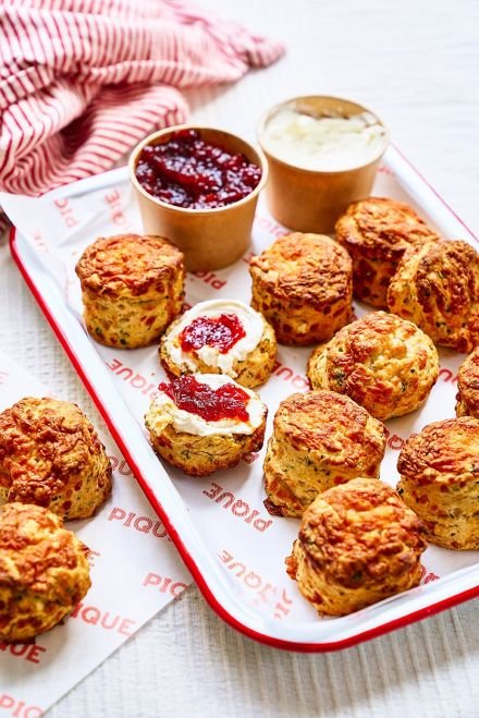 Cheddar, mustard & chive scones with goat’s curd & chilli jam