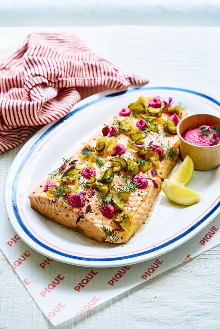 Roasted trout with apricot harissa, preserved lemon & herb salsa