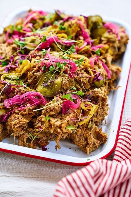 Apple cider pulled pork with pickled onions & cucumbers