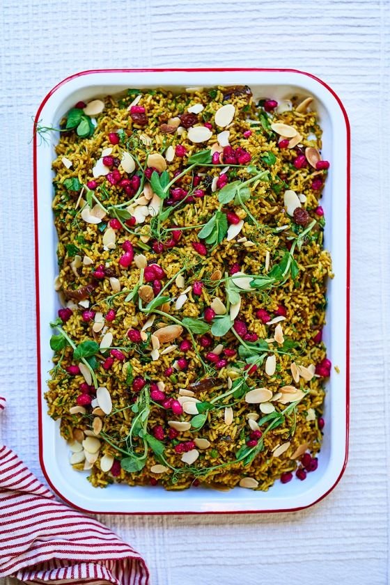 Herby spiced rice salad with toasted almonds and pomegranate