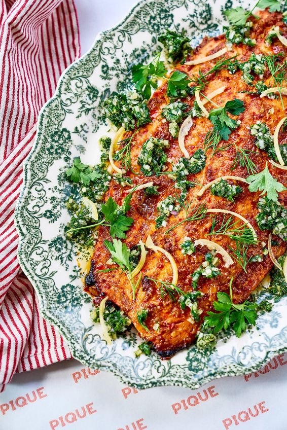 Roasted trout with apricot harissa, preserved lemon & herb salsa