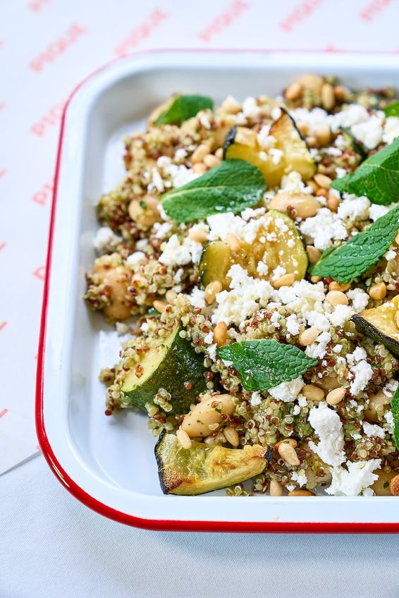 Roasted courgette with butterbeans & quinoa, toasted pine nuts, feta & mint