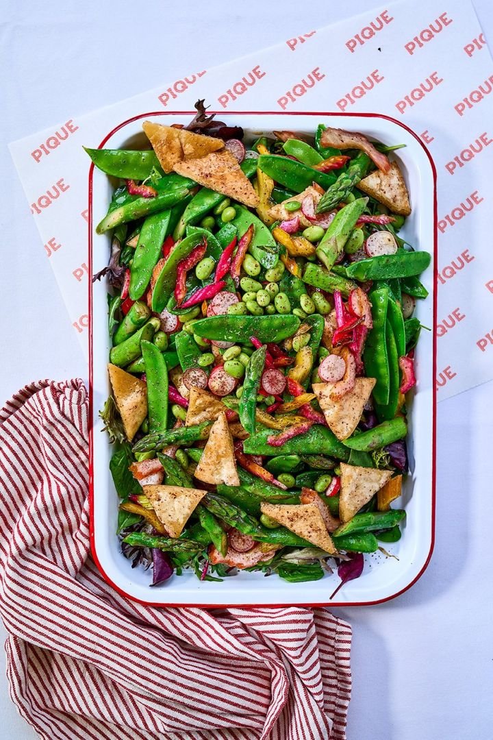 Super Green Salad: radish, peas, mint, parsley, pomegranate molasses, pitta chips