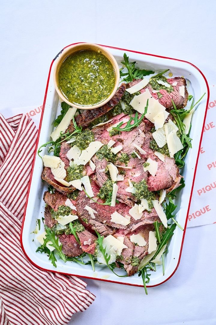 Beef tagliata with salsa verde, parmesan & rocket