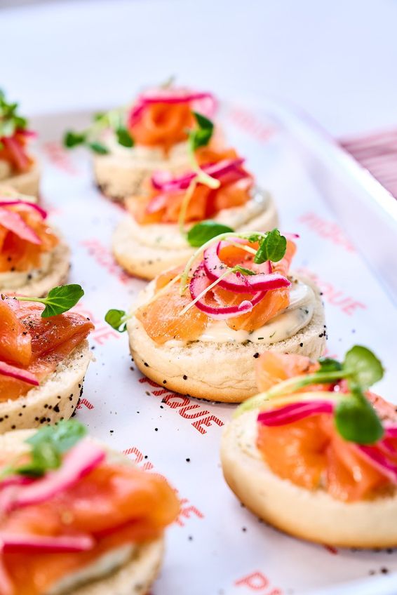 Smoked Salmon Open Mini Bagels with Pickled Onions