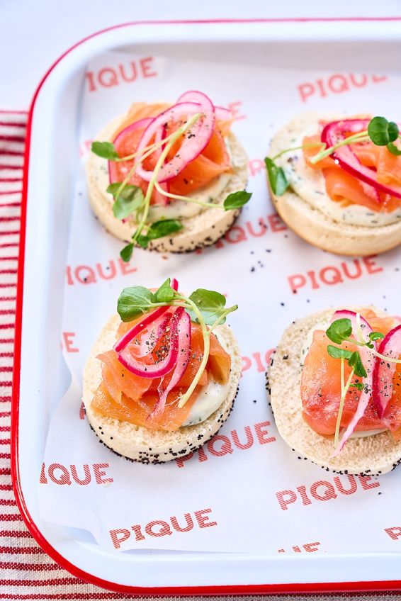 Open mini bagel with smoked salmon & dill mayo