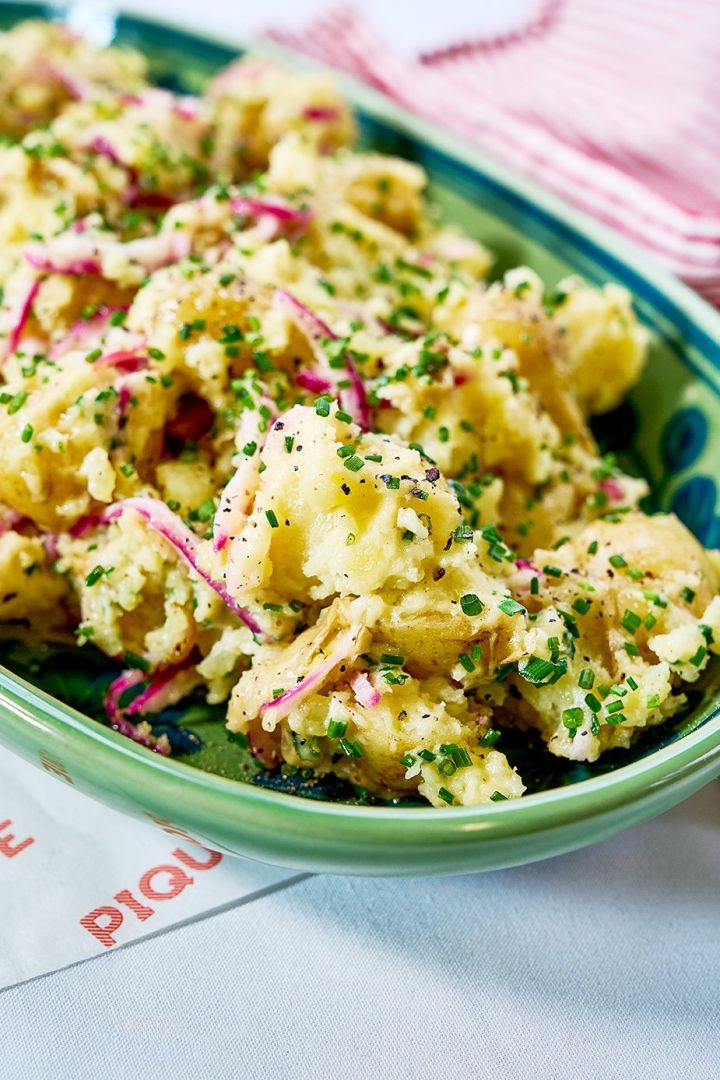 Ultimate potato salad with chives, mustard mayo, pickled onions