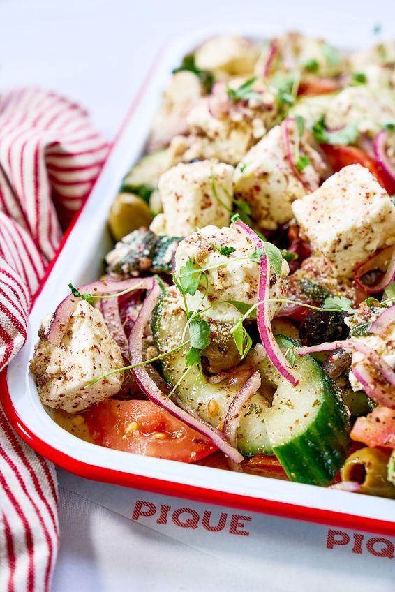 Greek salad: cucumber, olives, red onion, oregano, tomato, feta 
