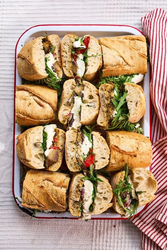 Buffalo mozzarella baguette with Kalamata tapenade, summer veg, basil & aioli