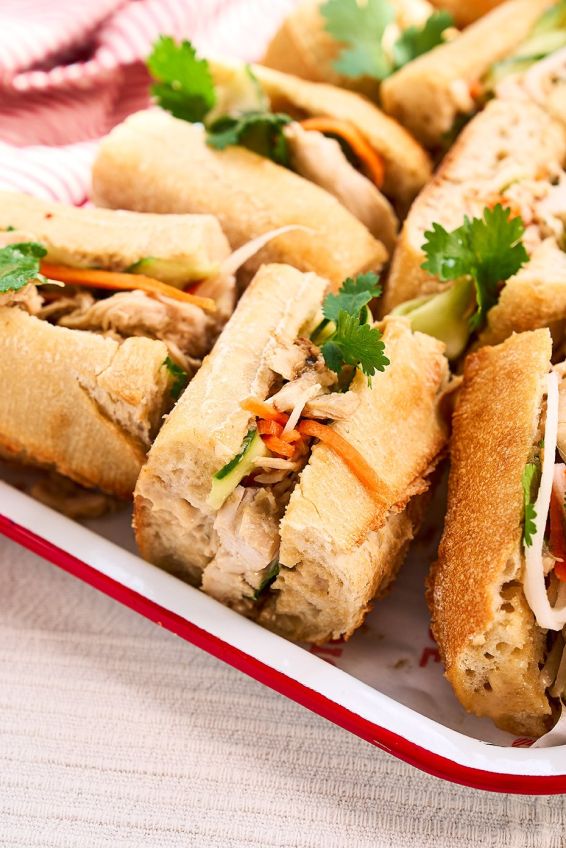 Lemongrass chicken bahn mi with tamarind mayo & pickled rainbow veg