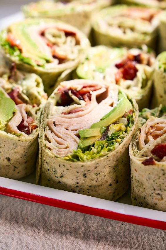 Turkey club wraps: turkey, bacon, avocado, tomato & lettuce  