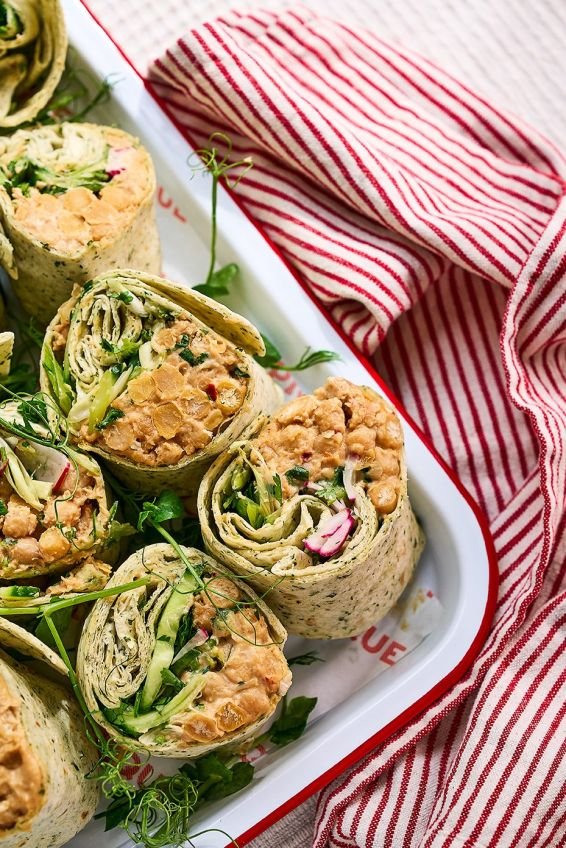 Miso & peanut butter roasted chickpea wrap with fresh herbs & cucumber