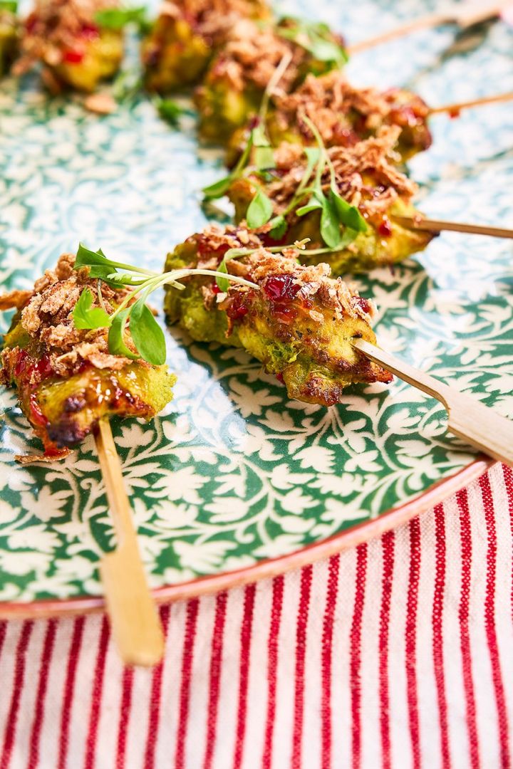 Coconut & lemongrass chicken skewers with sweet chilli & crispy onions