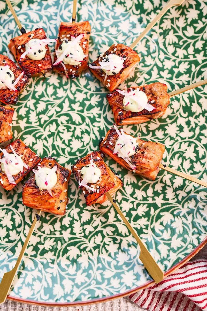 Miso trout skewers with pickled radish, black sesame & wasabi