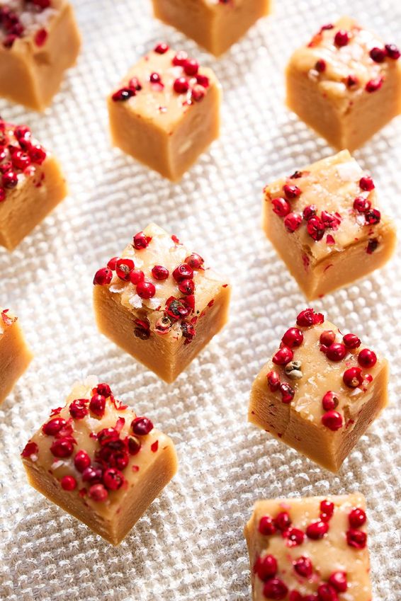 White chocolate, miso & pink peppercorn fudge