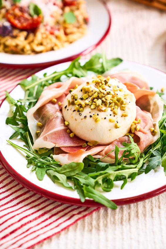 Burrata, mortadella, pistachios