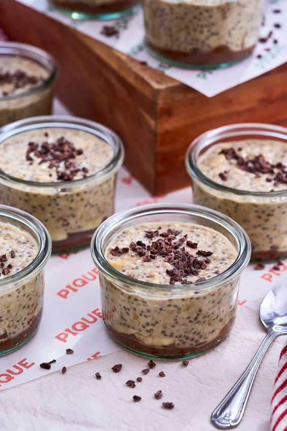 Banoffee overnight oats with date caramel & cacao nibs