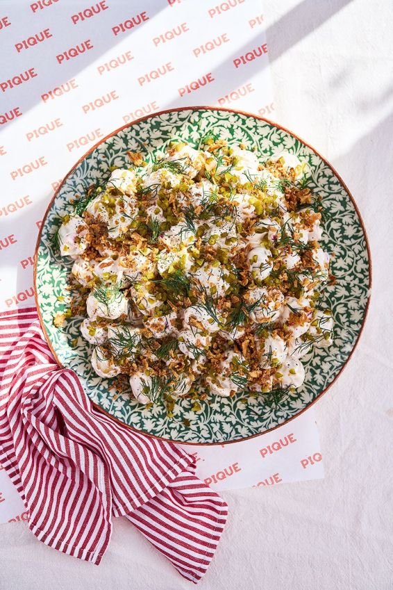 Potato salad with cornichons, dill and crispy shallots