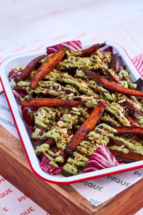 Maple roasted carrots, pistachio dukkah, green tahini