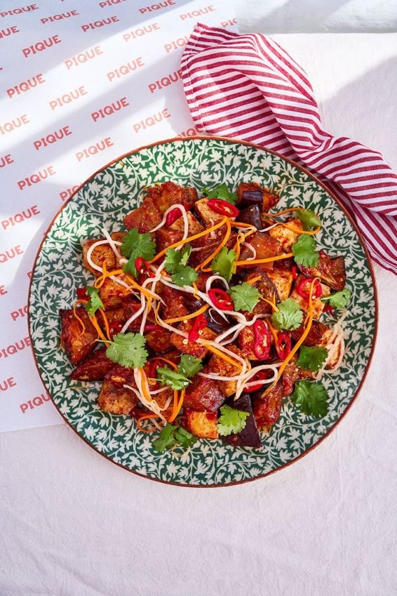 Sambal marinated aubergine and tofu with pickles 
